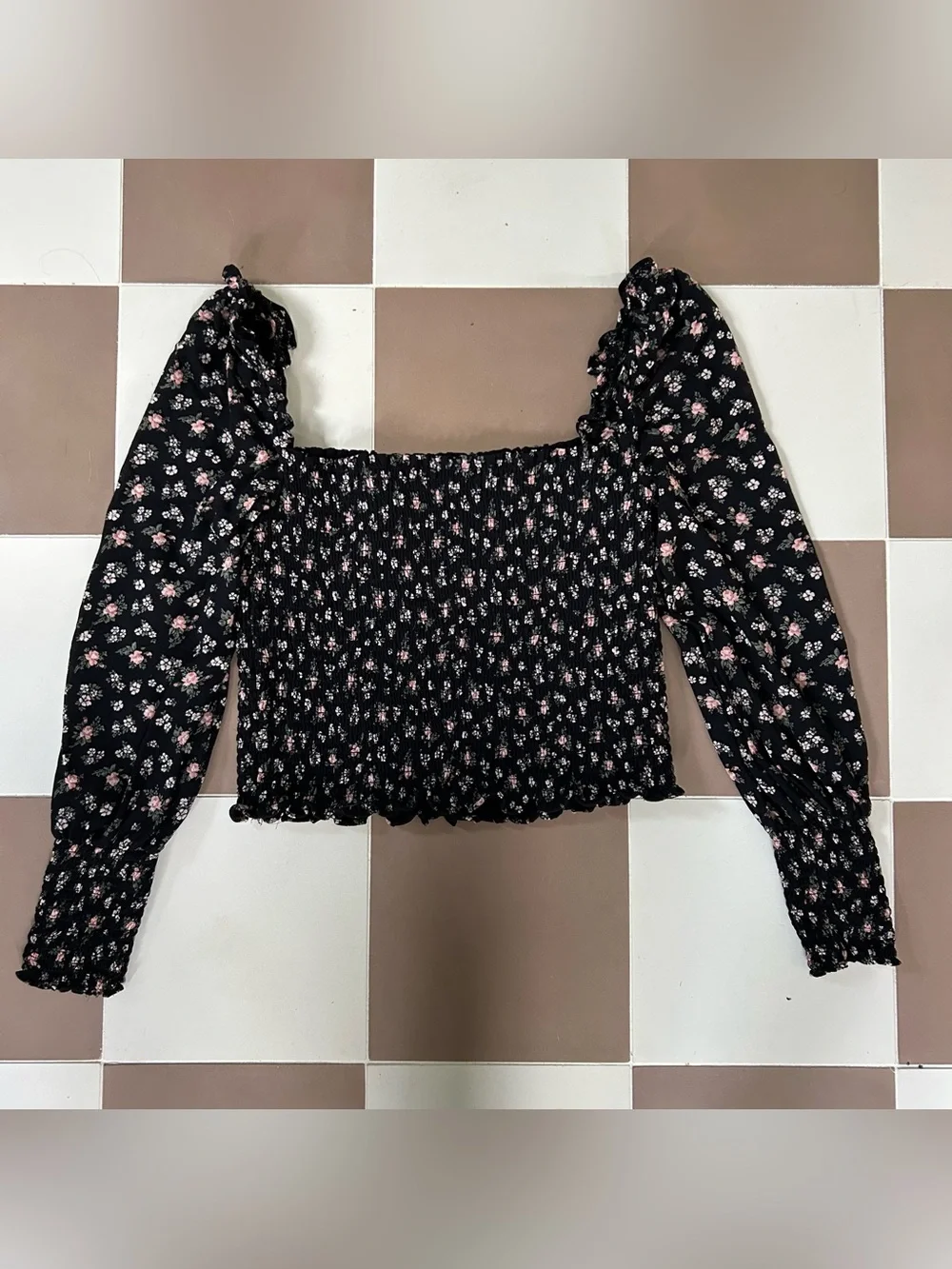 Reformation Pinto Smocked Floral Top Black Freesia Size S